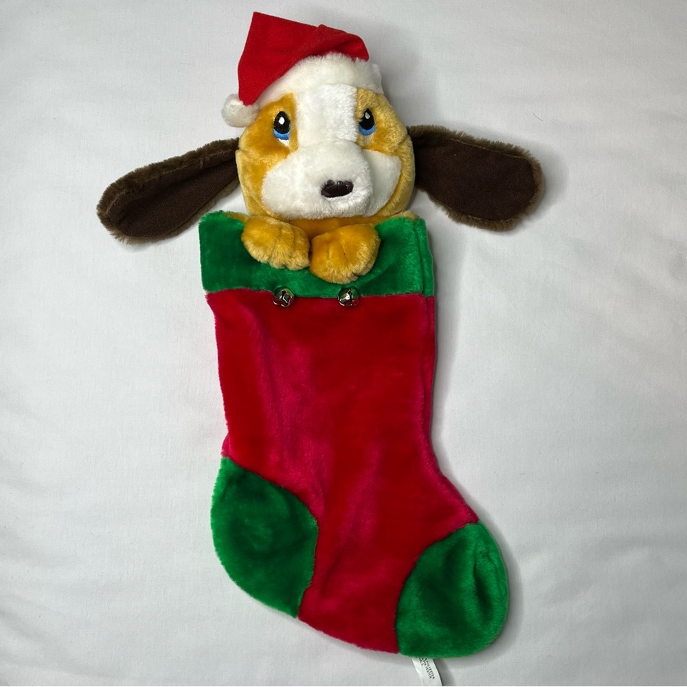 Plush Festive Brown Dog Christmas Stocking